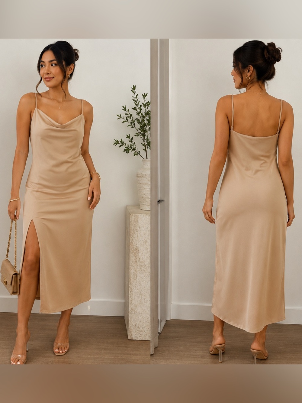 Beige Satin One-Shoulder Look Midi Dress with Side Slit